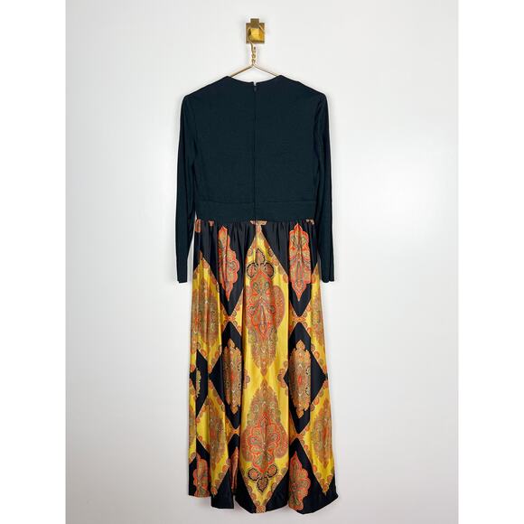 Vintage 70s Hostess Maxi Dress Gown Black Gold Paisley Bow V-Neck Long Sleeve - Picture 3 of 10